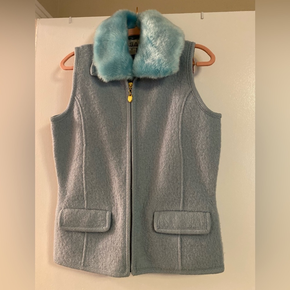 Lisa International Vintage 100% Boiled Wool Sky Blue Vest‎ with Faux Fur Trim
